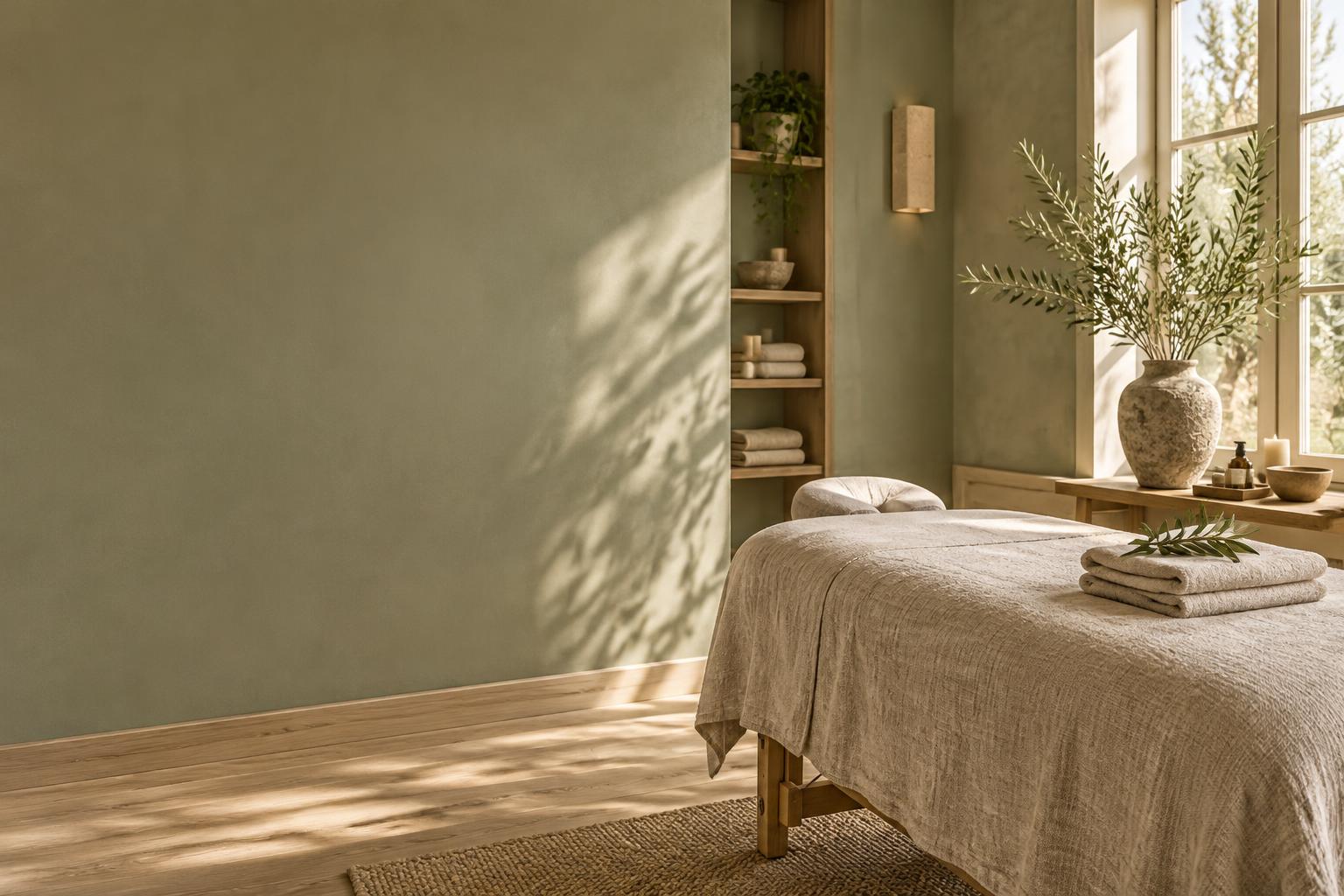 A sunlit massage studio with soft linen, natural wood and olive branches