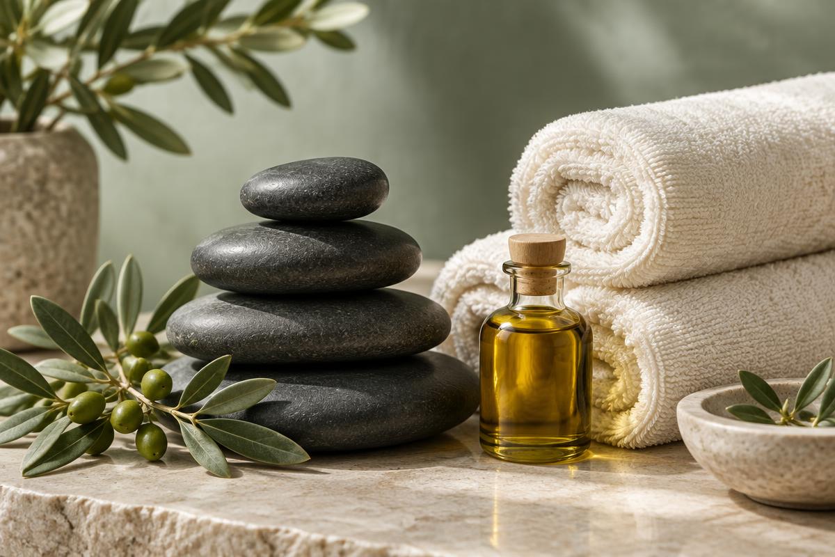 Warm massage stones, natural oil and soft towels
